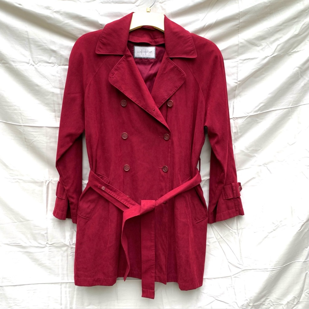 London Fog Red Trench Coat Womens Sz M Double Breast Water Resistant Lined EUC